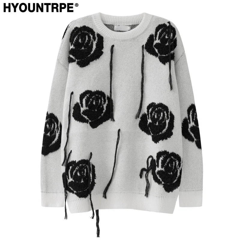 fashion floral pattern knitted sweater men new casual o neck pollover unisex harajuku y2k streetwear loose knit sweaters jumpers - Y2K grunge street style, high quality cotton hoodie, graphic printed hoodie for men and women