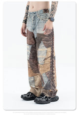 2024 autumn and winter new stitching ripped jeans
