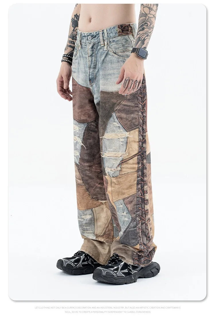 2024 autumn and winter new stitching ripped jeans