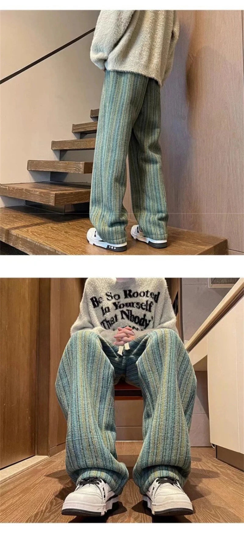 autumn striped woolen straight leg pants for men classic y2k vintage baggy trousers new casual high street fashion sweatpants unique joggers style 280