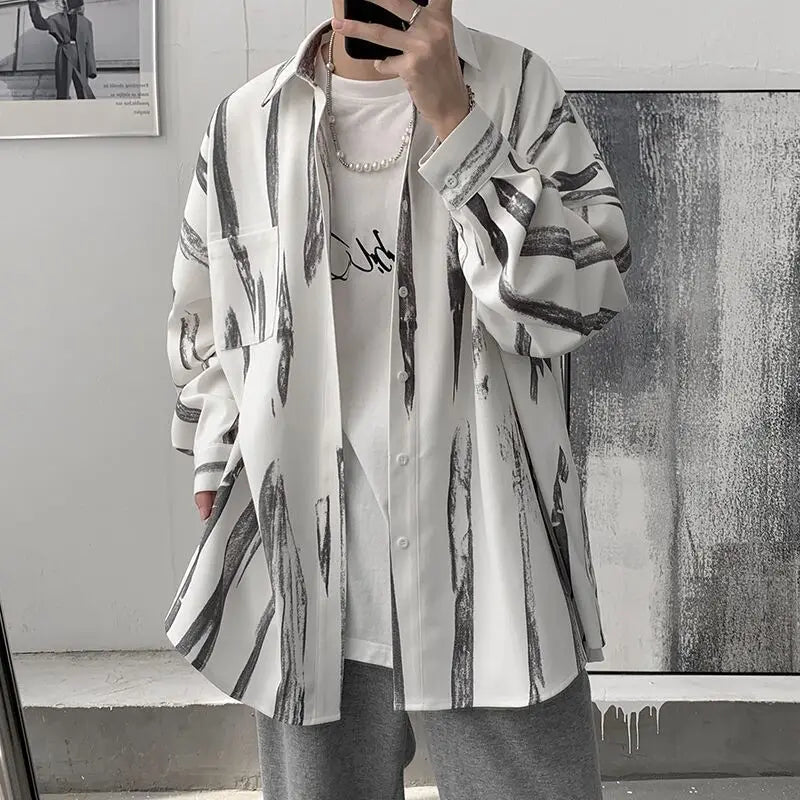 Tie dye loose shirt men long sleeved early autumn Korean version student ins men shirt dark abstinence