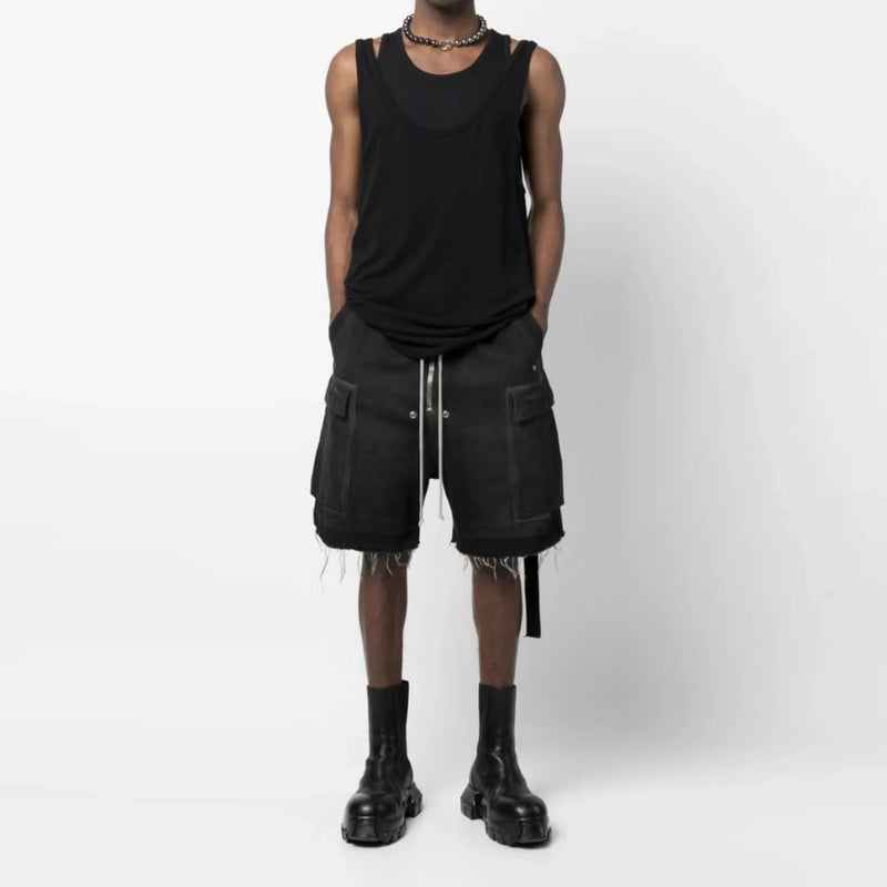 Men's and Women's High Street Vintage Splicing Cat Whisker Cargo Denim Shorts Zip Up Raw Edges Pockets Mens Jeans Shorts Ribbon