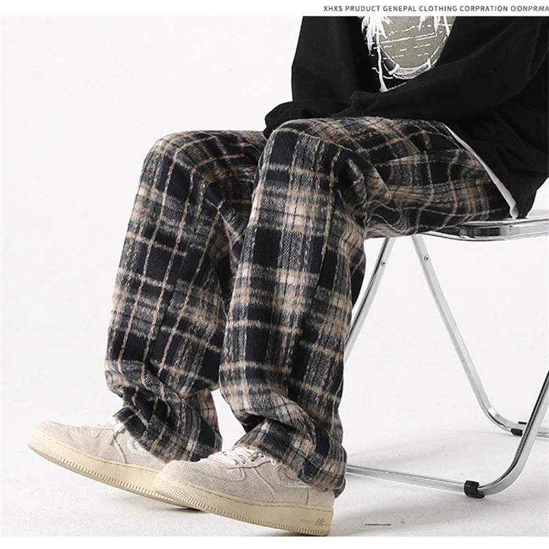 new mens y2k plaid casual baggy trousers autumn korean fashion straight woolen pants y2k vintage streetwear pantalones hombre unique default style 413