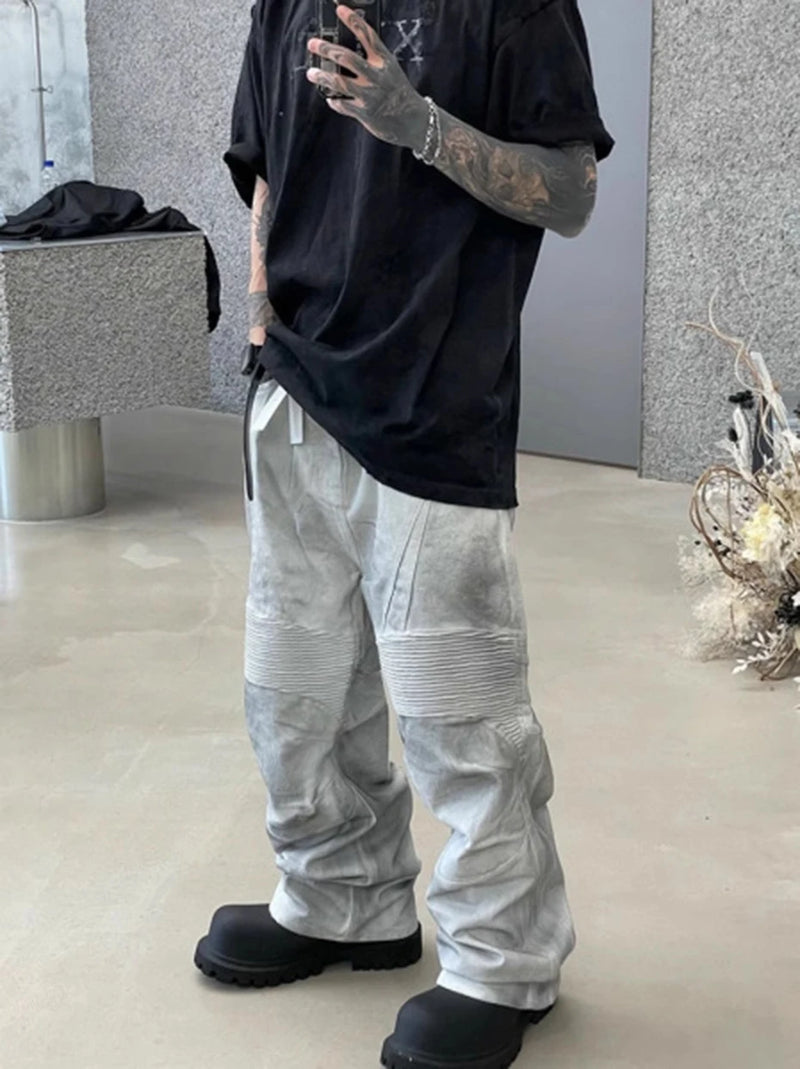 hi street dirty tie dye baggy jeans men pleated loose white straight jeans trousers luxury designer oversized denim pants unique jeans style 529