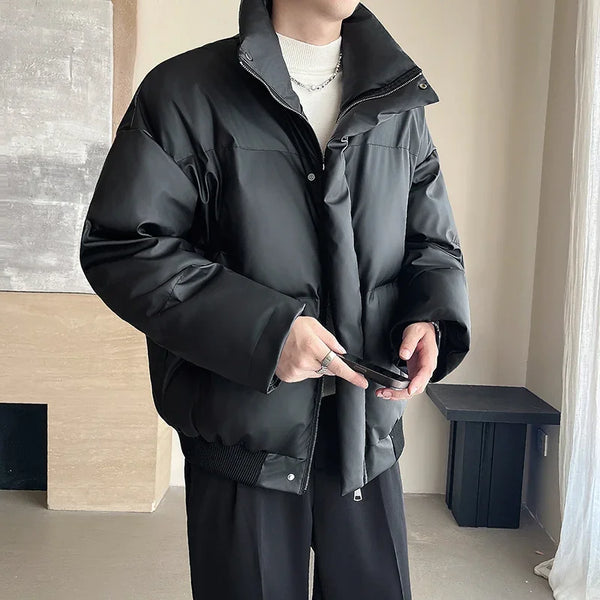 Winter Stand Collar Thicken Leather Short Jacket Men Fashion Loose Casual Warm Cotton-padded PU Leather Bomber Jacket Parka Coat