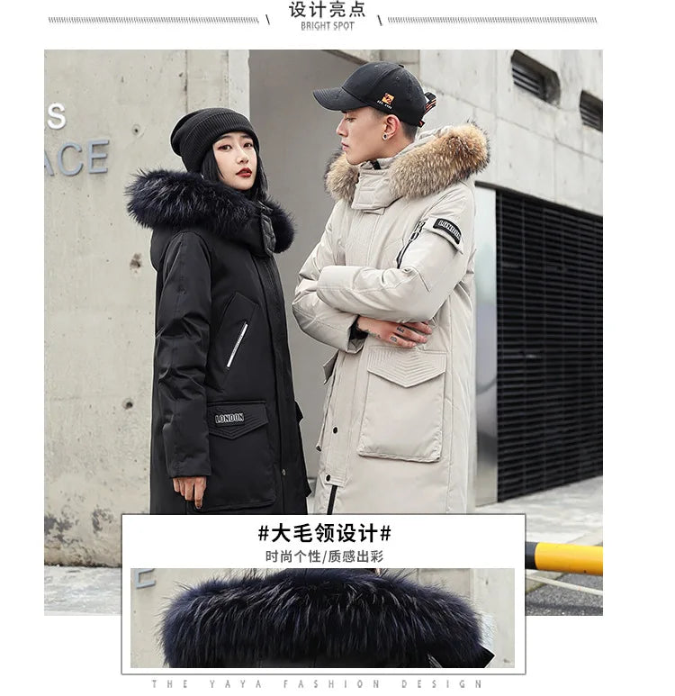 Korean Style Winter Long Parka Coat Men Woman Down Jacket Clothing Hooded Fur Collar Thicken Warm Leisure Lovers Overcoat
