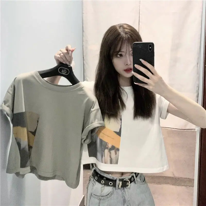 Skatercore Vintage print – New Summer New Pure Cotton Discreet Navel Baring Short Sleev