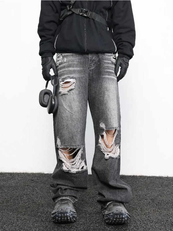 knee destroy big holes high street pants mens casual harajuku zipper straight trousers hip hop fashion streetwear baggy joggers urban active pants