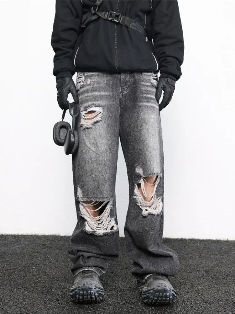 knee destroy big holes high street pants mens casual harajuku zipper straight trousers hip hop fashion streetwear baggy joggers urban active pants