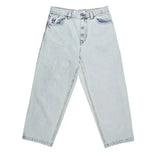 retro deep blue polar big boy baggy jeans mens women gothic wide leg trouser y2k hip hop cartoon embroidery streetwear jeans unique jeans style 4013