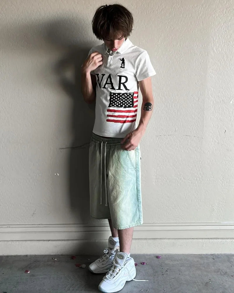 New Summer Skull Letter Print Oversized Lapel Top Men Y2k Loose Casual Street Hip-hop Rock Polo Shirt Short-sleeved Women