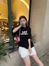 Vintage High Street Black and White Disc Letter Embroidered Round Neck Short Sleeve Heavy Duty Casual Loose T-shirt Hip Hop