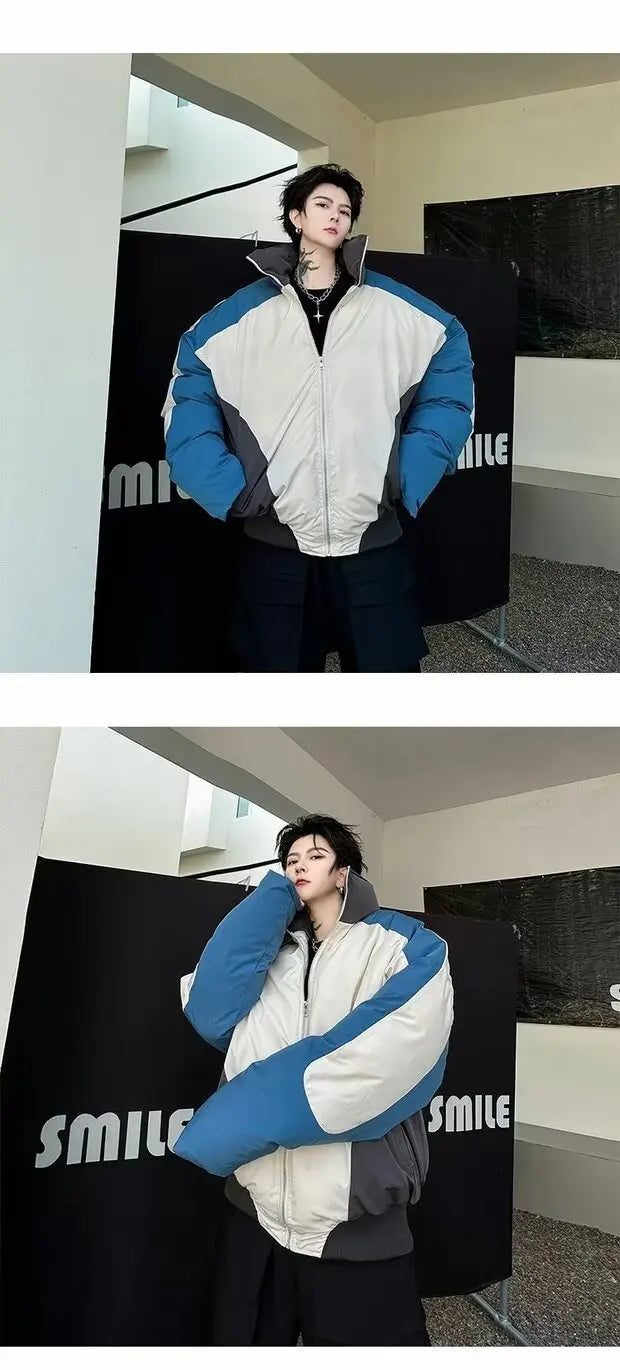 Retro Stand Collar Winter Jacket Men Zip Up Patchwork Cotton-padded Lightweight Parkas Spring Unisex Loose Autumn Short Outwear