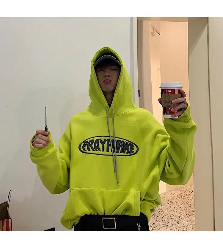 Trendy American Ins Green Hooded Sweatshirt for Men in Autumn 2024 New Trendy Brand Loose Y2K