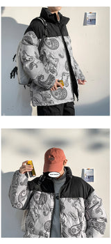 Men Japanese Streetwear Puffer Jackets 2023 Winter Mens Full Print Fashions Bubble Coat Couple Patchwork Thick Parkas