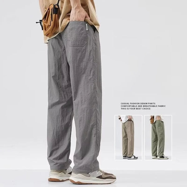 2024 new linen straight baggy pants for men summer breathable wide leg trousers y2k streetwear drawstring gym pantalones hombre menswear bottoms
