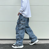 fashion loose streetwear cargo denim jeans unisex casual multi pocket wide legs jean pants hip hop joggers mens baggy jeans unique joggers style 2968