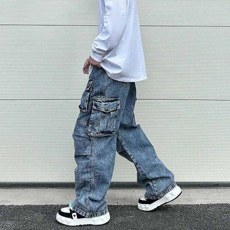fashion loose streetwear cargo denim jeans unisex casual multi pocket wide legs jean pants hip hop joggers mens baggy jeans unique joggers style 2968