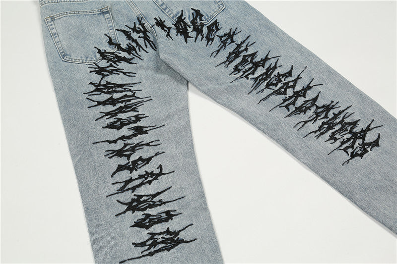 fashion back letters embroidery denim jeans mens casual zipper straight harajuku jean trouser hip hop streetwear pants joggers unique joggers style 5477