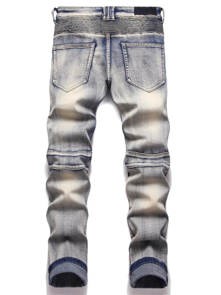 distressed washed pleated denim jean pants new fashion biker jeans streetwear casual slim pants jogger y2k mens skinny joggers sporty tapered joggers