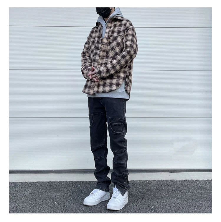 Mens Plaid Shirts New Fashion Single Breasted Hip Hop Loose Shirts Autumn Winter Casual Long Sleeve High Street Streetwear