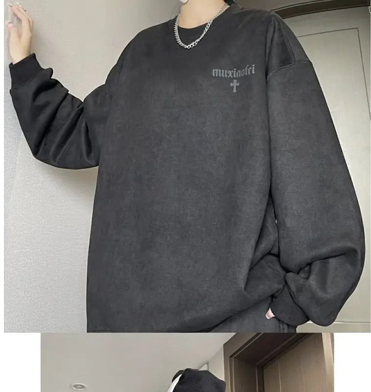 Winter Korean Trendy Suede Sweatshirt for Men in Autumn New Y2K American High Street Handsome Long-sleeved Couple Printed Top