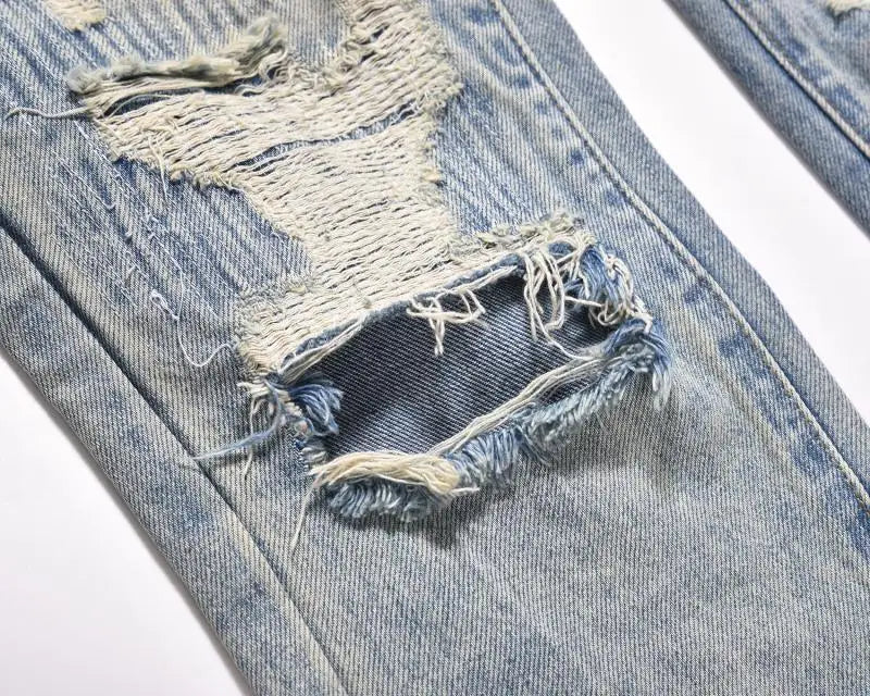 mens high street denim jean pants new casual blue slim ripped holes straight zipper jeans trousers hip hop streetwear joggers unique joggers style 768