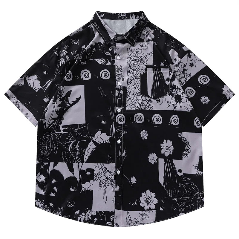Hawaiian Shirt Retro Floral Print Short Sleeve Blouse Vacation Tops Casual Loose Shirt Black