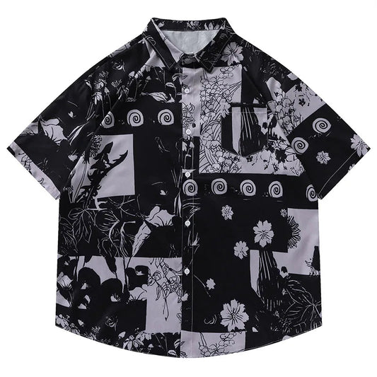 Hawaiian Shirt Retro Floral Print Short Sleeve Blouse Vacation Tops Casual Loose Shirt Black