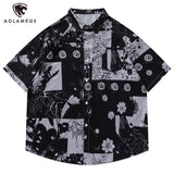 Men Hawaiian Shirt Retro Floral Print Short Sleeve Blouse Hong Kong Style Summer Beach Vacation Tops Casual Loose Shirt Black