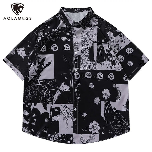 Men Hawaiian Shirt Retro Floral Print Short Sleeve Blouse Hong Kong Style Summer Beach Vacation Tops Casual Loose Shirt Black