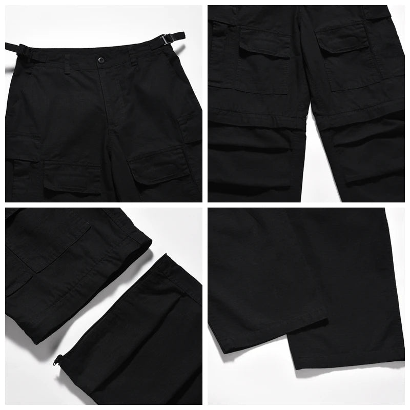 american streetwear zipper cargo straight trousers two different wearing washed detachable multi pocket mens balck tactical pant unique cargo style 1828