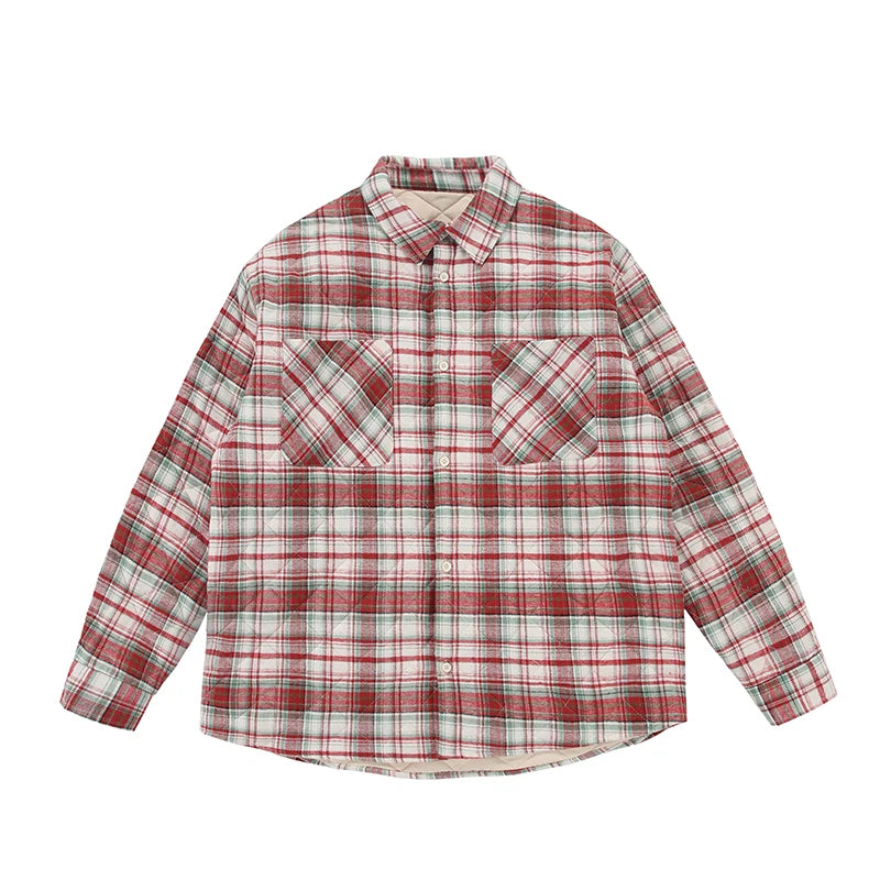 Autumn Winter Men Streetwear Fashion Loose Casual Oversize Plaid Cotton-padded Shirt Style Parkas Jacket Campus Couple Coat