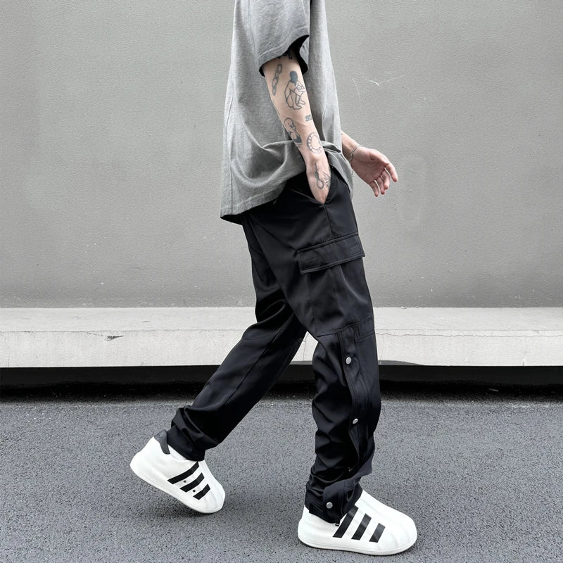 fashion casual hip hop joggers side button trousers elastic waist drawstring track sweatpants new cargo streetwear mens pants casual joggers