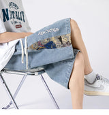 denim shorts mens trendy streetwear washed shorts side embroidery patchwork jeans shorts casual track pants unique jeans style 3282