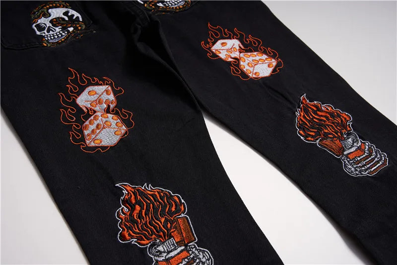 fashion back skull letters embroidery denim flare jeans mens zipper straight trouser hip hop streetwear pants joggers jeans men unique joggers style 620