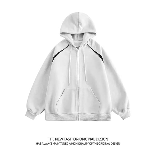 American Street Ins Gray Hooded Sweatshirt Jacket for Boys Retro Street Y2K Loose Splicing Contrasting Zipper Cardigan Top