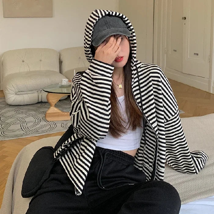 Autumn And Winter New Korean Style Ins Casual Sports Style Striped Hoo