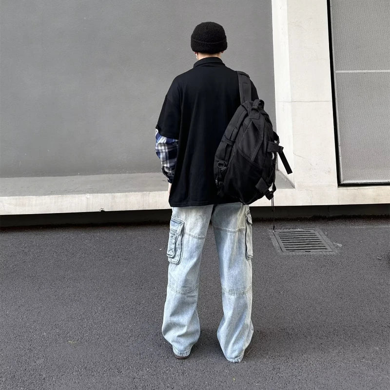 street japanese mens set embroidered fake two piece patchwork tops hip hop washed jeans 2 piece harajuku suits y2k streetwear unique jeans style 4750