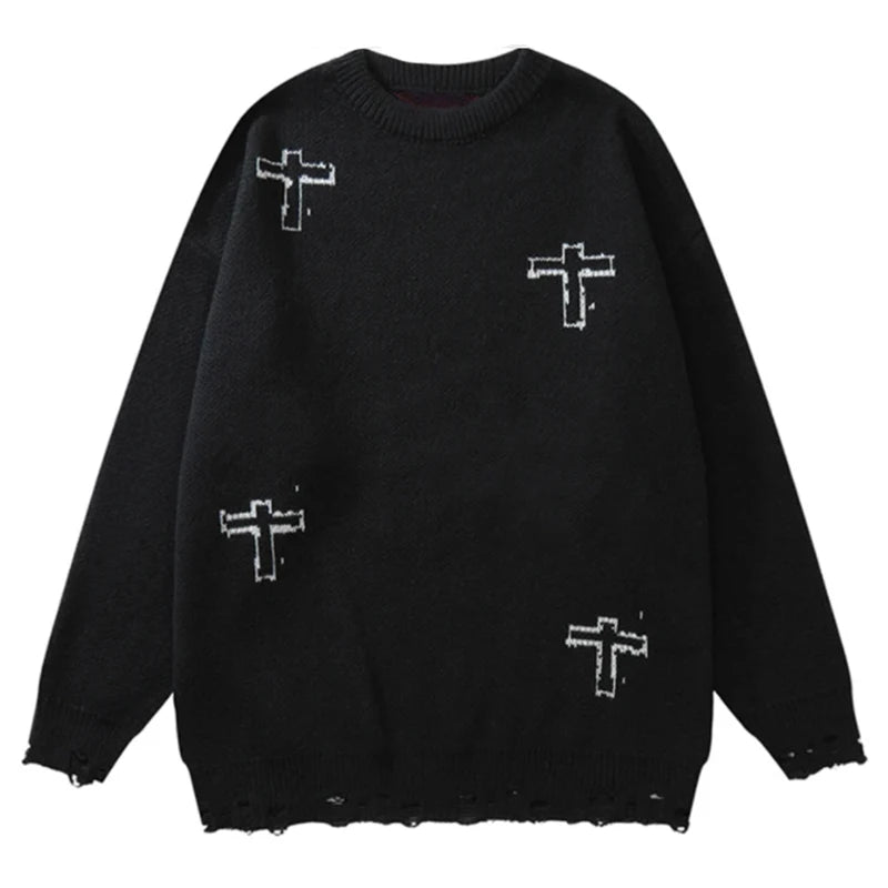 vintage sweaters y2k grunge streetwear hip hop ripped hole knitted cross punk gothic jumpers fashion harajuku casual pullover aesthetic street look hoodie, trendy hip hop style outerwear, urban wear with bold artwork