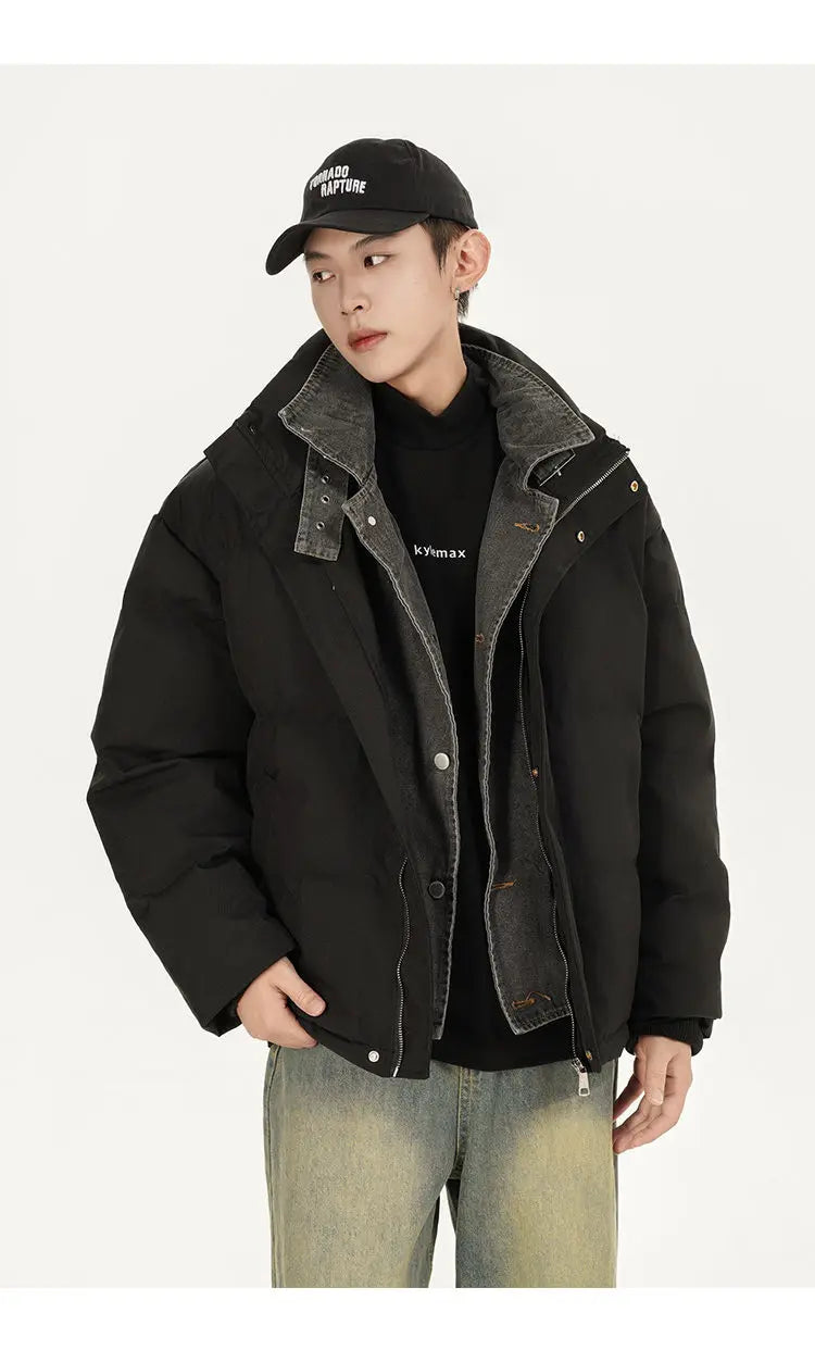 Winter Splice Denim Cotton-padded Jacket Men Women Stand Collar Fashion Loose Casual Thicken Warm Parkas Jacket Boyfriend Coat