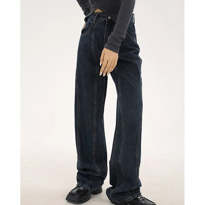navy blue vintage jeans womans high waist summer wide leg denim trouser baggy streetwear chic design ladies straight jean pants unique jeans style 2866