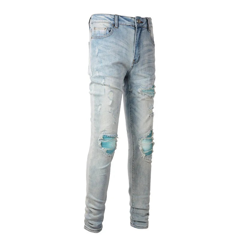 american style high street light blue ripped jeans mens pic slim fit stretch ripped skinny pants unique jeans style 1982