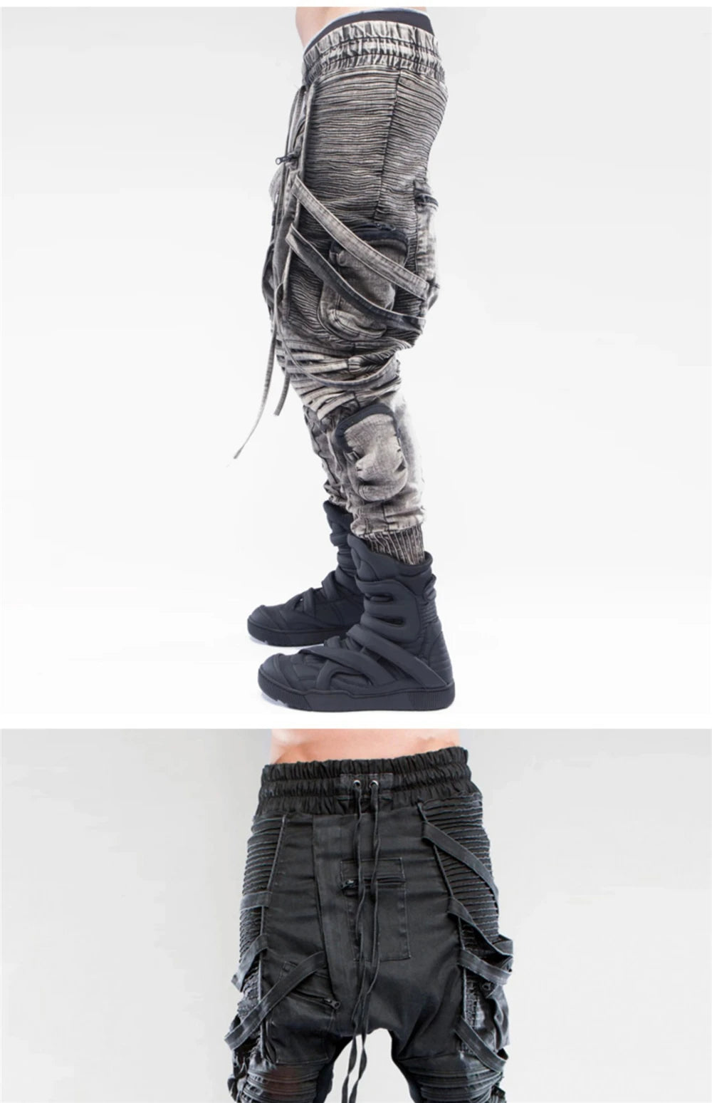 vintage motorcycle trousers joggers mens asymmetric straped pleated cross pants function elastic waist trousers unique joggers style 4601