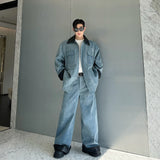 fashion show suits men streetwear washed denim splice loose casual jacket wide leg jeans pants 2 piece sets coat trousers suits unique jeans style 2747