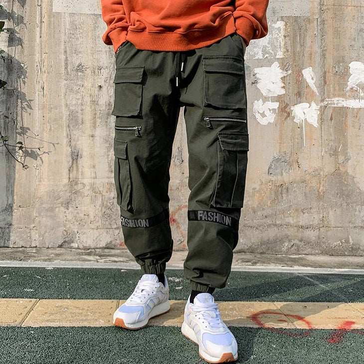 mens side pockets cargo pants elastic waist trousers streetwear hip hop loose fit ankle drawstring military sweatpants joggers unique joggers style 4672