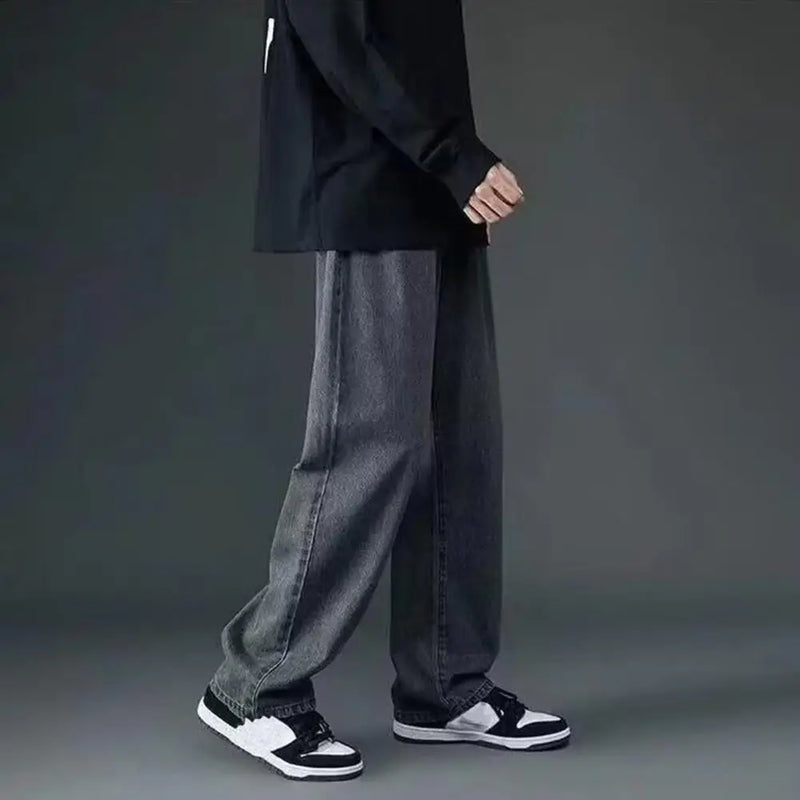 korean mens casual long jeans loose retro straight baggy pants denim wide leg pants light blue grey black retro washed jeans unique jeans style 1260