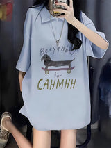 Gothic Vintage print – New 2024 Korean Style Casual Loose Blue Polo Collar Short Sl