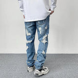Harajuku Frayed Hole Straight Washed Retro Baggy Men's Jeans High Street Ripped Hip Hop Casual Oversized Denim Trousers