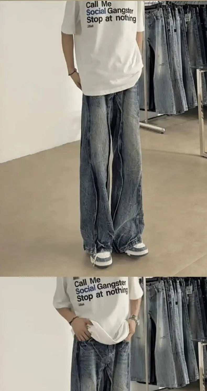 american high street hip hop men and women trendy washed straight leg jeans autumn couple loose micro flared casual pants y2k unique jeans style 51